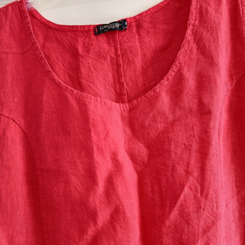 XL❤️Linen Sleeveless Vibrant Red Midi Dress With Eyelet Lace Hem - Picture 5 of 7